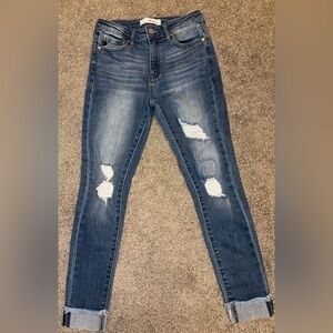 KanCan Women's High Rise Distressed Cuffed Ankle Skinny Jeans